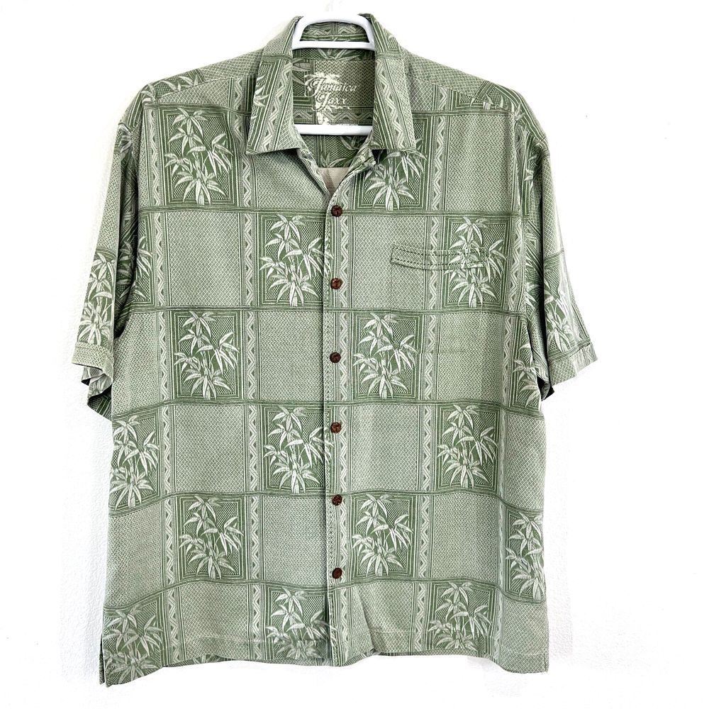 Jamaica Jaxx Hawaiian Shirt Mens XL  100% Silk Lime Green Palm Tree Print Casual